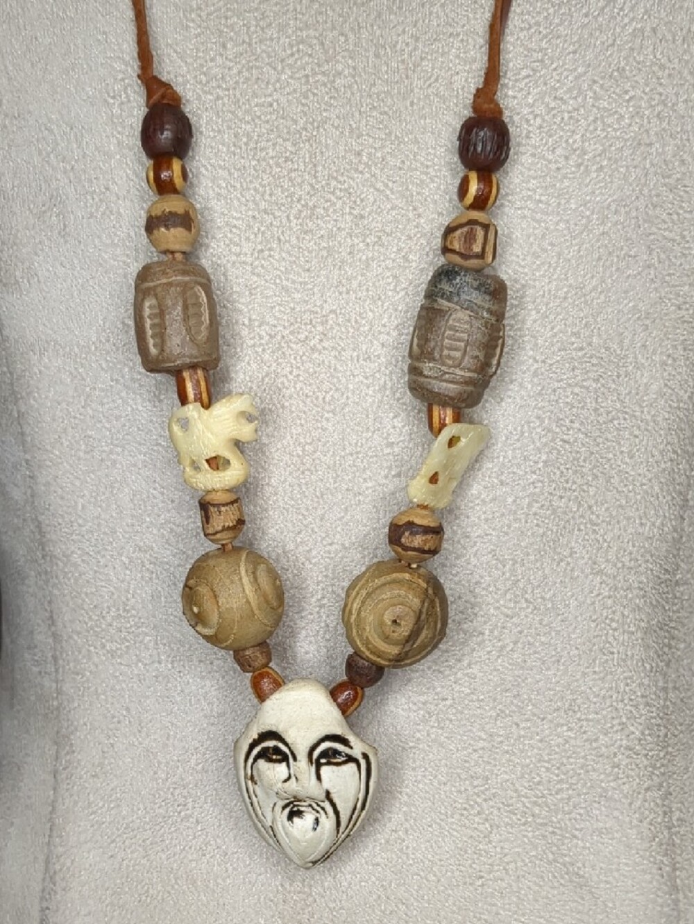 Vintage 70s Mens Tribal Mask Necklace Carved Fu Manchu Foo Dog Beads Handmade